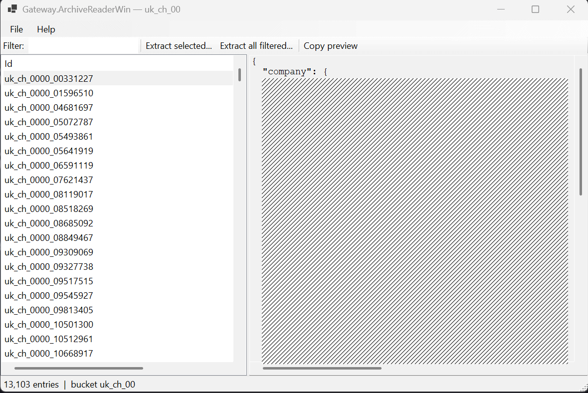The custom archive viewer I built: a list of entries on the left with a JSON preview pane on the right.